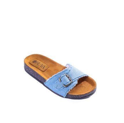 "Denim buckle slipper with open design, handmade, cushioned orthopedic sole, and durable accessory"