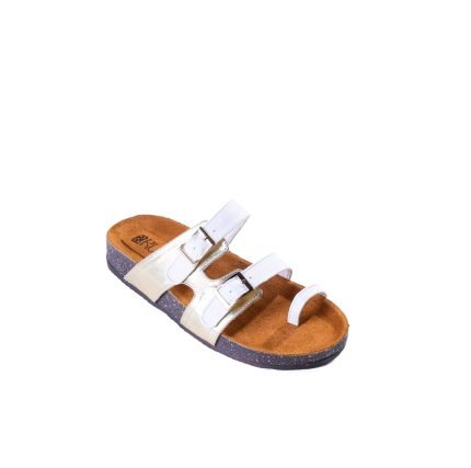 Shiny leather toe slipper with two buckles, flexible orthopedic sole, and treated accessory.